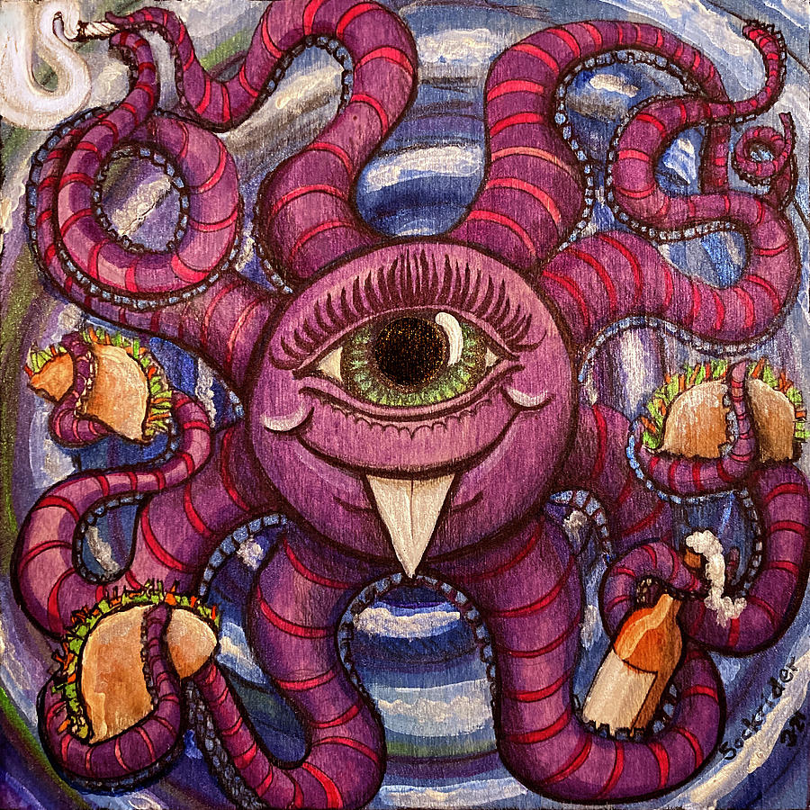 Octopus con Tres Tacos y una Cervesa Painting by David Sockrider