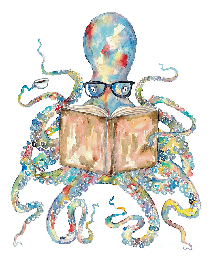 Octopus reading book watercolor Painting by Maryna Salagub | Pixels