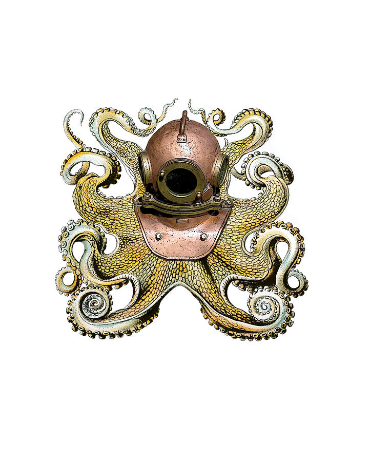 Octopus Digital Art - Octopus with Diving Helmet by Madame Memento