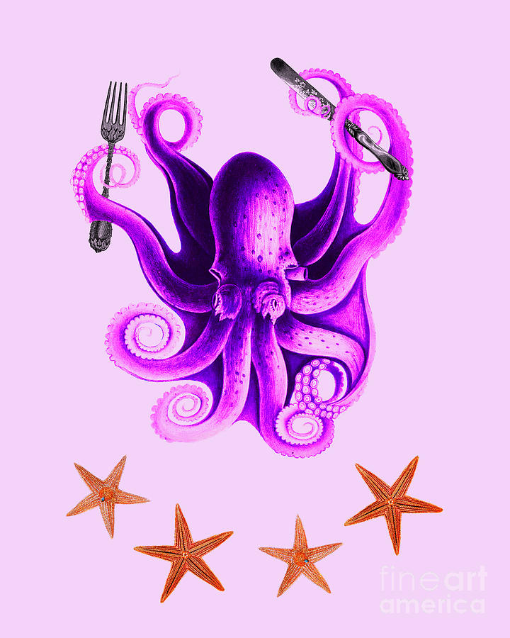 Octopus Digital Art - Octopus With Starfish Kitchen Decor by Madame Memento