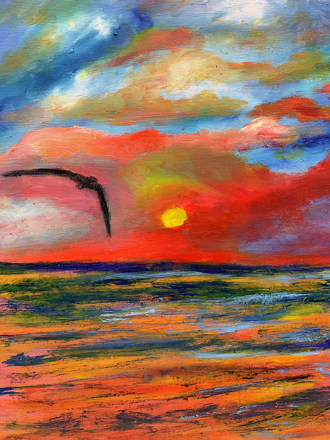 Ode To Bird Flight at Sunset Over the Ocean Painting by Susan Grunin