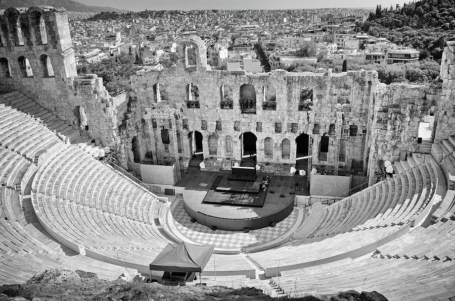 Odeon of Herodes Atticus Ancient Roman Theatre Acropolis Athens Greece Black and White Photograph by Shawn OBrien