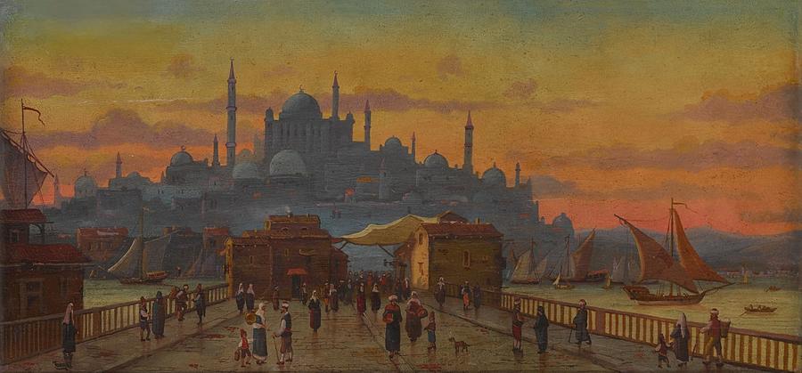 Odoardo Toscani Rome 1859 - 1914 Smyrna, Turkey , Constantinople, A View Of The Galata Bridge At Sun Painting