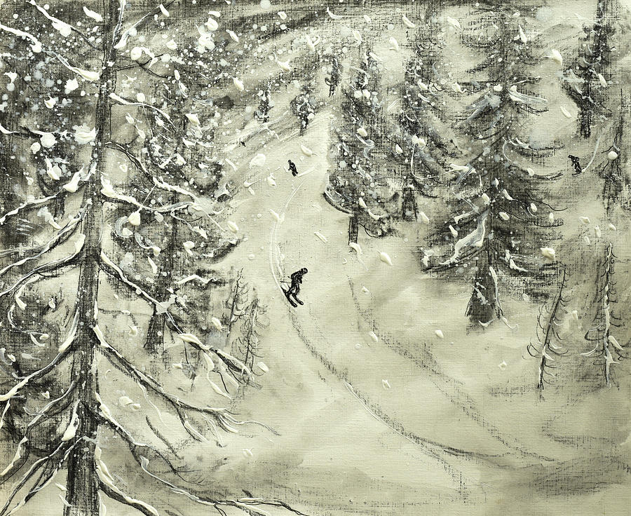 Off Piste Through the Ancient Larch Forest Painting by Pete Caswell