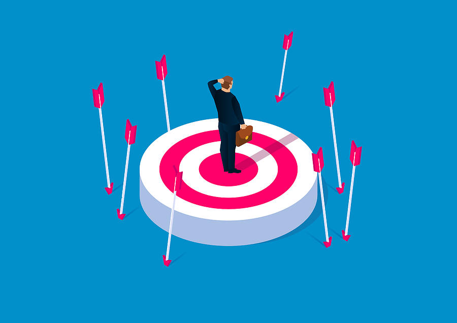 Off-target, failure concept, desperate businessman standing on target without hit Drawing by Sesame