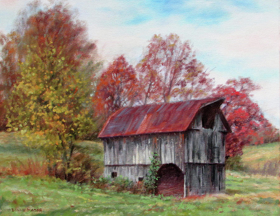 Off the Beaten Track-old barn with red roof Painting by Bonnie Mason