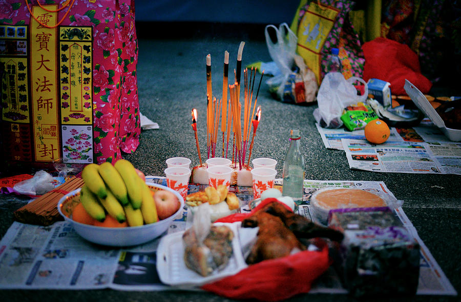 Offerings at the Chinese Hungry Ghosts Festival Photograph by Cheryl Chan