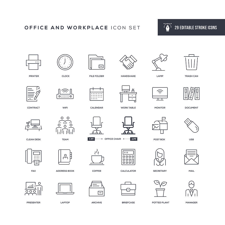 Office and Workplace Editable Stroke Line Icons Drawing by Enis Aksoy