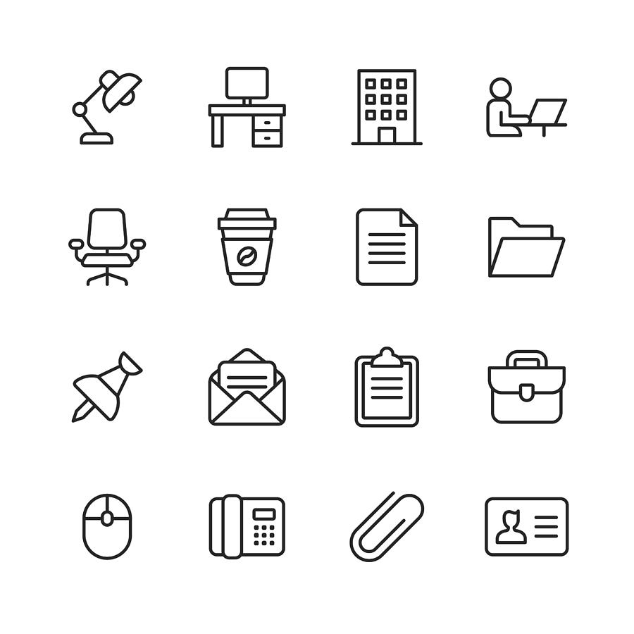 Office Icons. Editable Stroke. Pixel Perfect. For Mobile and Web. Contains such icons as Office Desk, Office, Chair, Coffee, Document, Computer Mouse, Clipboard. Drawing by Rambo182