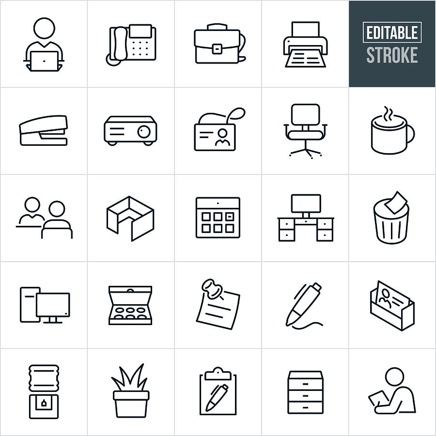 Office Thin Line Icons - Editable Stroke Drawing by Appleuzr