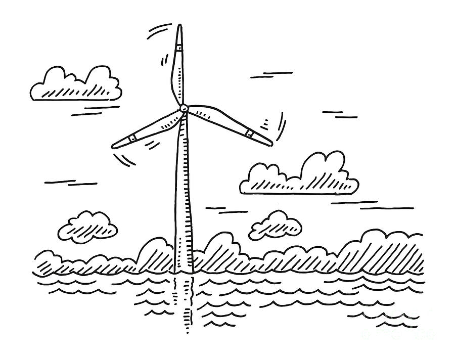 Black And White Drawing - Offshore Wind Turbine Drawing by Frank Ramspott