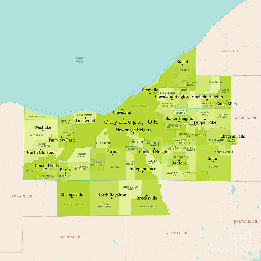 Cleveland Digital Art - OH Cuyahoga County Vector Map Green by Frank Ramspott
