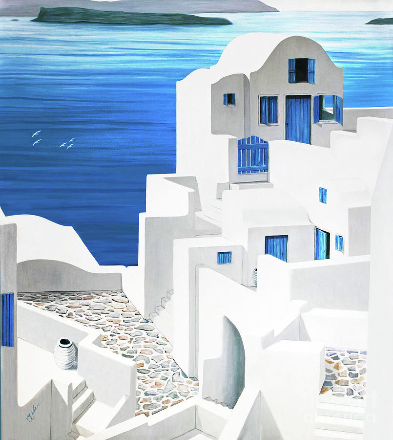 OH MY OIA-Santorini-Prints of Oil Painting wider view Painting by Mary Grden