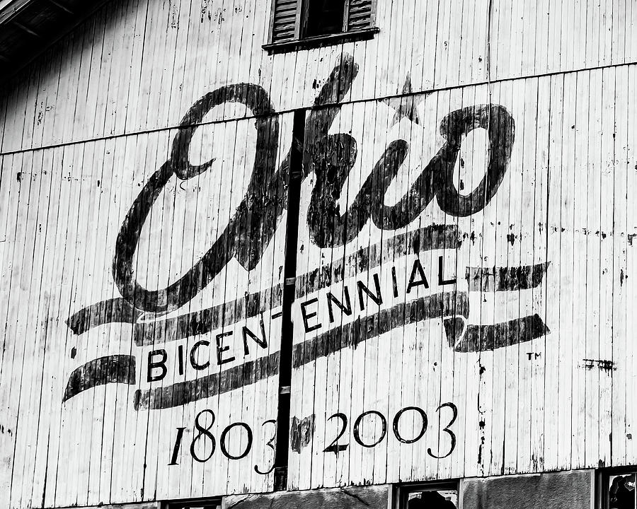 Black And White Photograph - Ohio Bicentennial Front of Vintage Barn Monochrome - 1803 - 2003 by Gregory Ballos