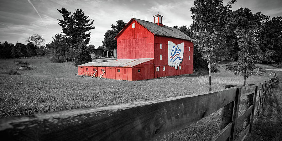 Ohio Bicentennial Red Barn Panorama - Black White Red Selective Coloring Photograph by Gregory Ballos