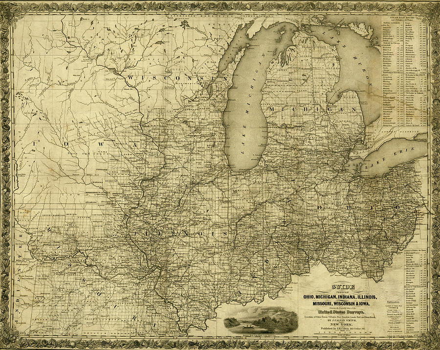 Transportation Drawing - Ohio Michigan Indiana Illinois Missouri Wisconsin and Iowa 1840 by Vintage Railroad Maps