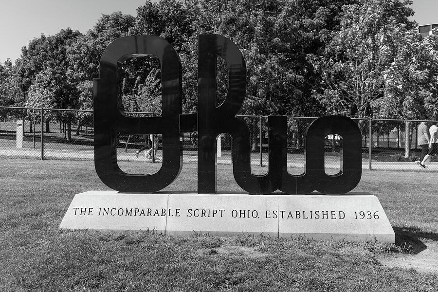 Ohio script statue at Ohio State University in black and white Photograph by Eldon McGraw