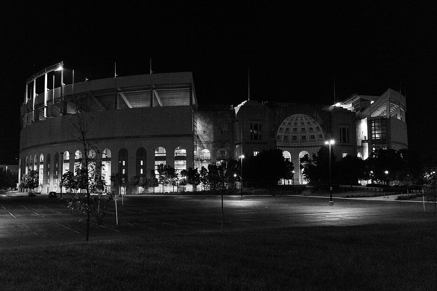 Ohio Stadium at Ohio State University at night in black and white