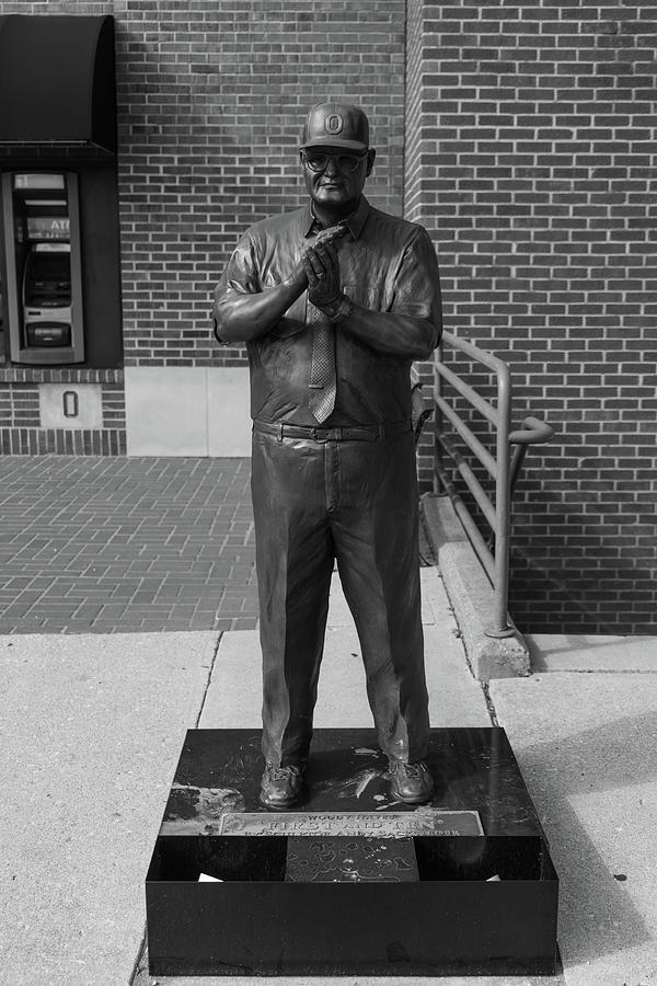 Ohio State football coach Woody Hayes statue in black and white Photograph by Eldon McGraw