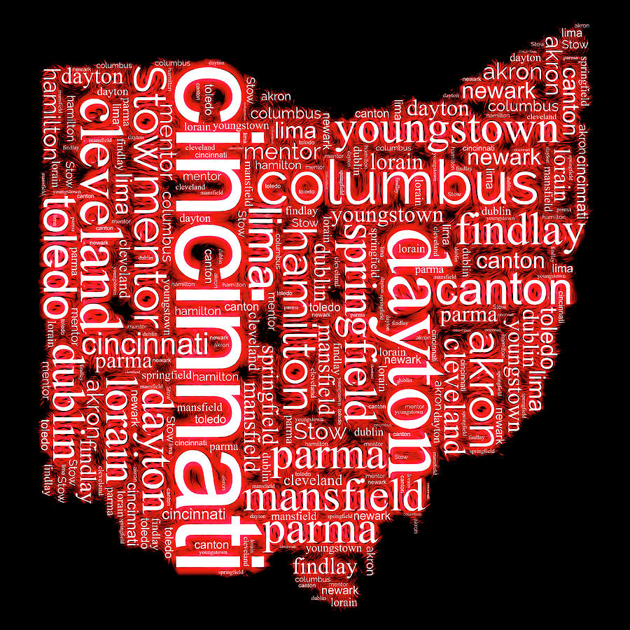 Ohio Typography Map Glowing Digital Art by Dan Sproul