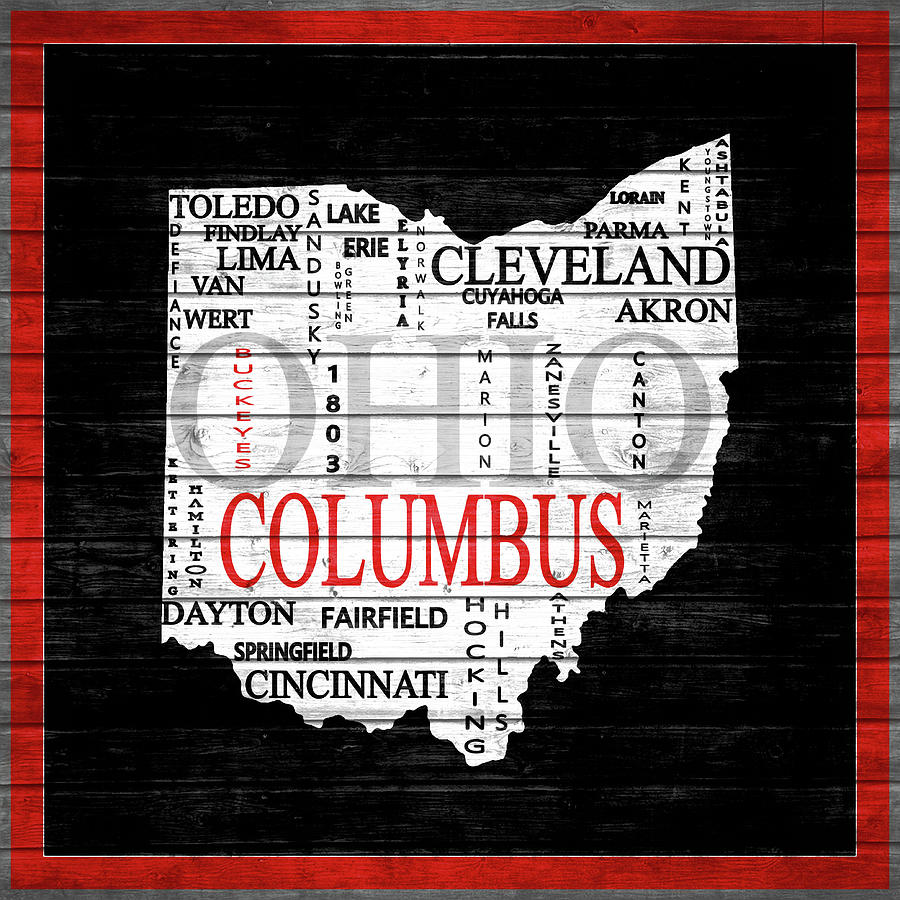Ohio Typography Map Rustic Wood Mixed Media by Dan Sproul