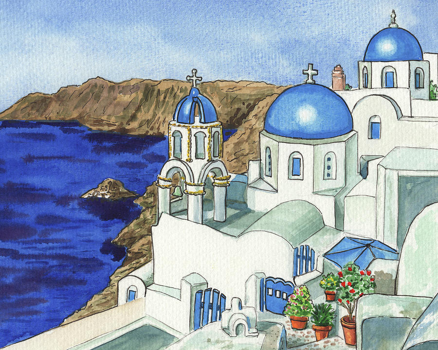Oia Little Town On Santorini Island Blue Roofs Painting  Painting by Irina Sztukowski
