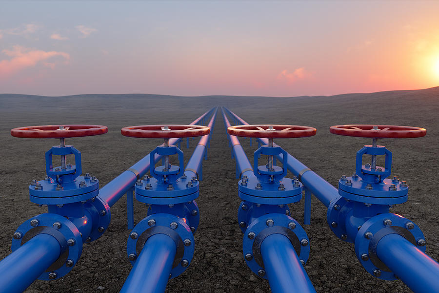 Oil Or Gas Transportation With Blue Gas Or Pipe Line Valves On Soil And Sunrise Background Photograph by Onurdongel