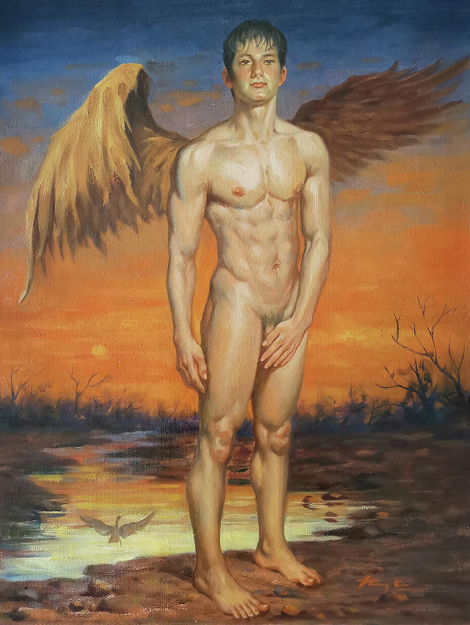 Oil Painting Angel Of Male Nude In Sunset#17-1-16 Painting by Hongtao Huang