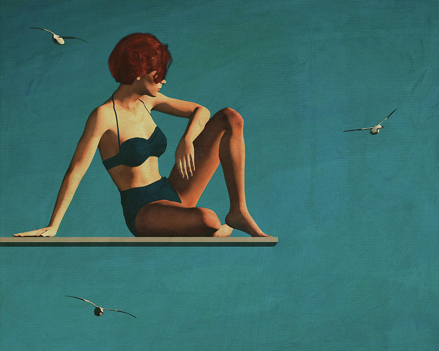 Oil Painting of a Woman Sitting on a Diving Board Digital Art by Jan Keteleer