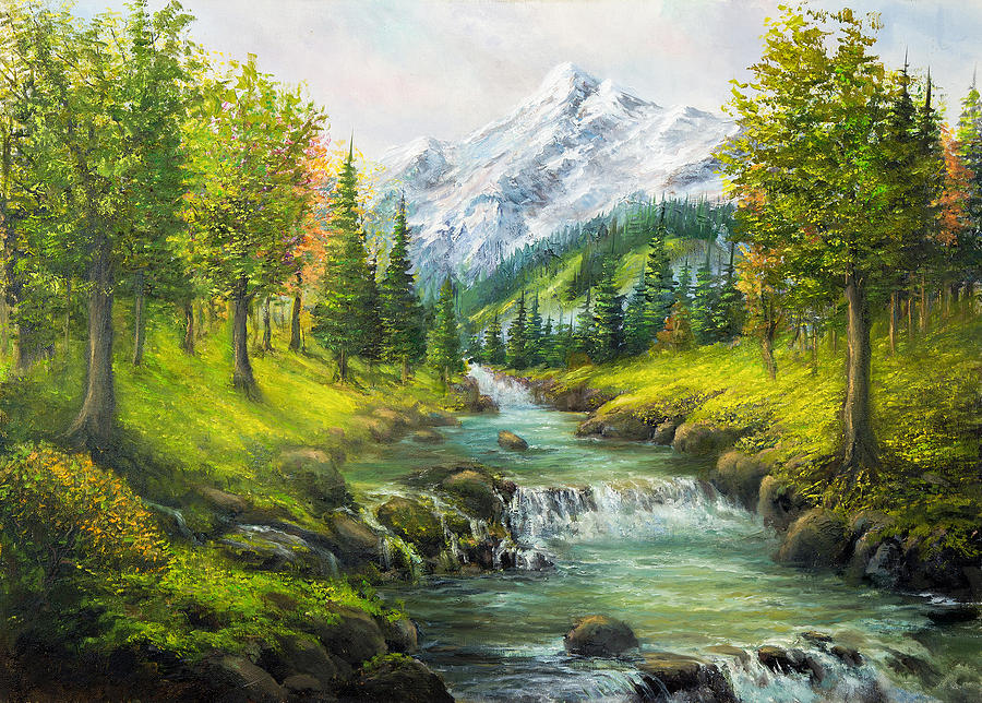 Oil Painting Of Beautifl Spring Landscape, Forest, Snow Mountains 