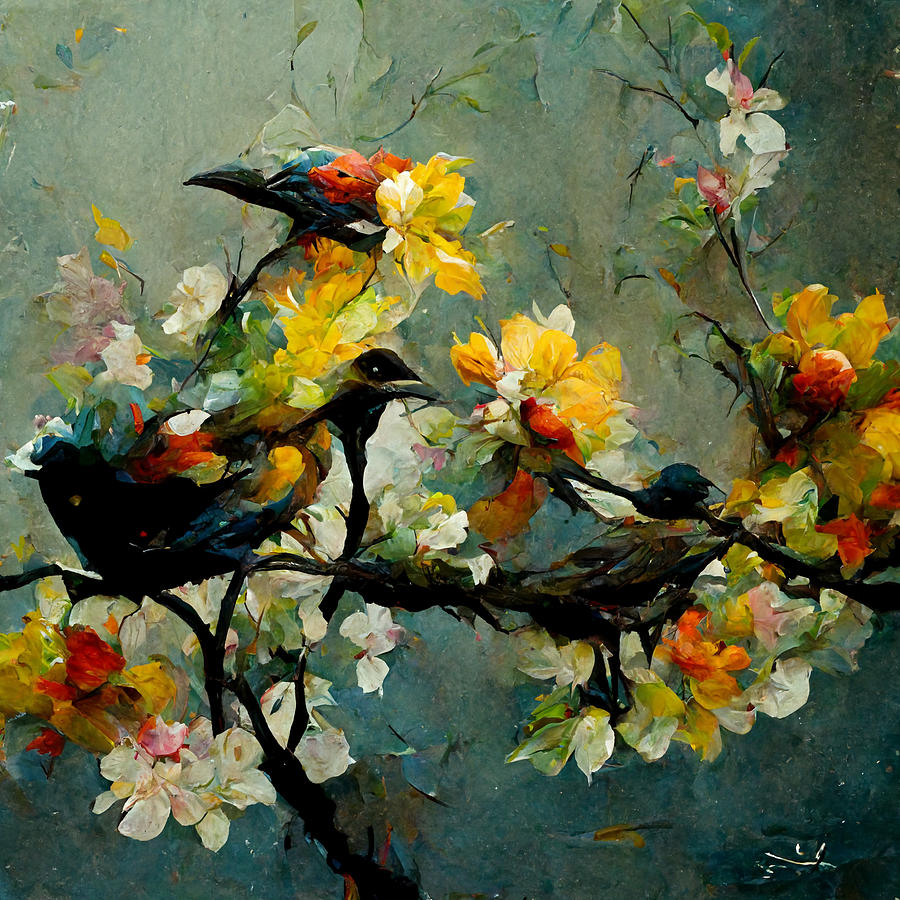 Oil Painting Of Birds On Branches With Flowers 3ec1e9ca 5eeb 43f5 A70f ...