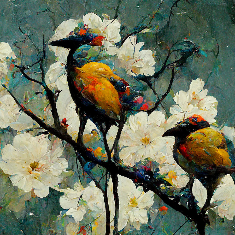 Oil Painting Of Birds On Branches With Flowers Cb89d377 7650 49ed B986 ...