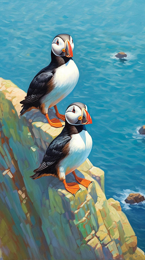 oil  painting  of  pair  of  puffins  with  vibrant  by Asar Studios Painting