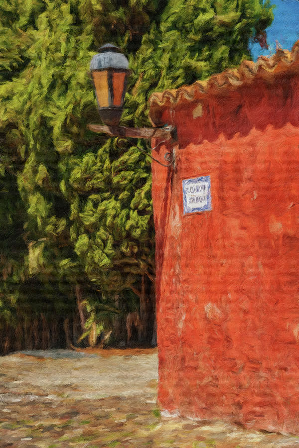 Oil painting of street lantern in Colonia del Sacramento Photograph by Steven Heap