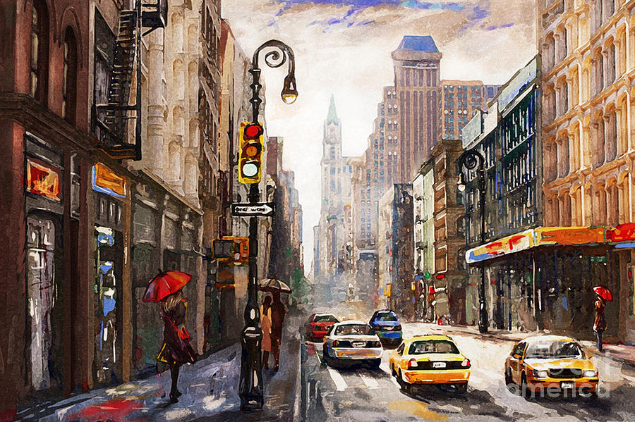 oil painting on canvas, street view of New York, woman under an 