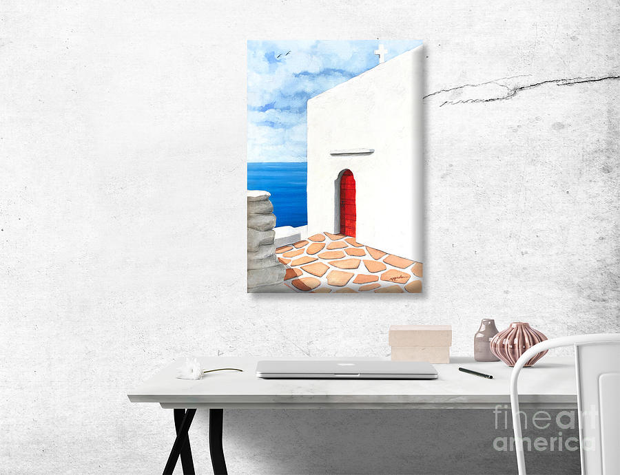 Mykonos Painting - Original Oil Painting -RED DOOR AT PANAGIA PARAPORTIANI - Mykonos Island by Mary Grden