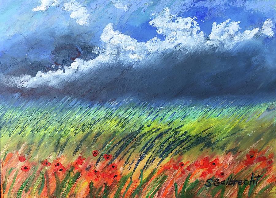Oil Pastel Painting Of Cloudy Sky Over Flower Field Painting by Shirley Galbrecht