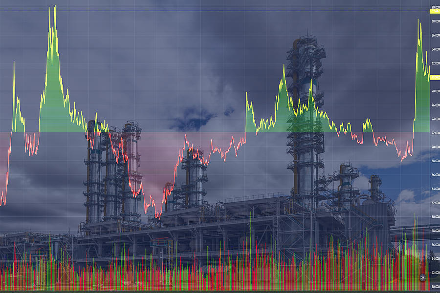 Oil refinery plant of petroleum on the background of stock charts. Petrochemical industry production Photograph by Anton Petrus