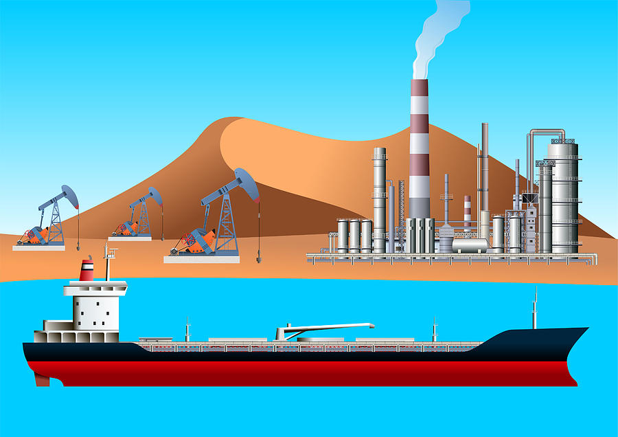Oil Tanker, Pump Jack, Drilling Rig and Refinery. Oil and Gas Production Facilities Drawing by Youst