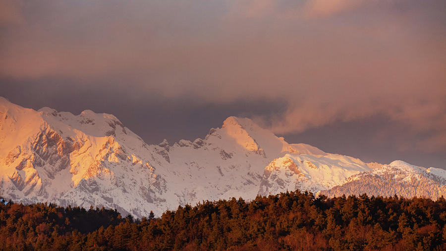Ojstrica Mountain in the Kamnik Alps at sunset, Slovenia. Photograph by Ian Middleton