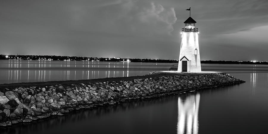 OKC Lake Hefner Night Light Panorama - Black and White Photograph by Gregory Ballos
