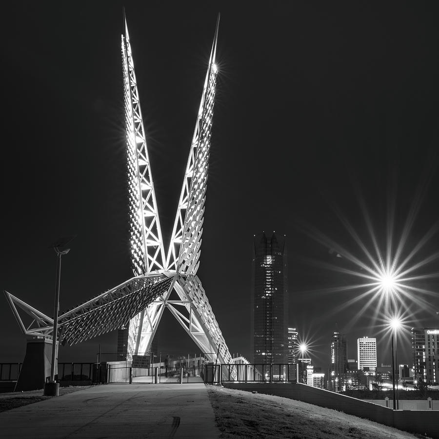 Okc Skyline And Scissortail Bridge In Black And White 1x1 Photograph