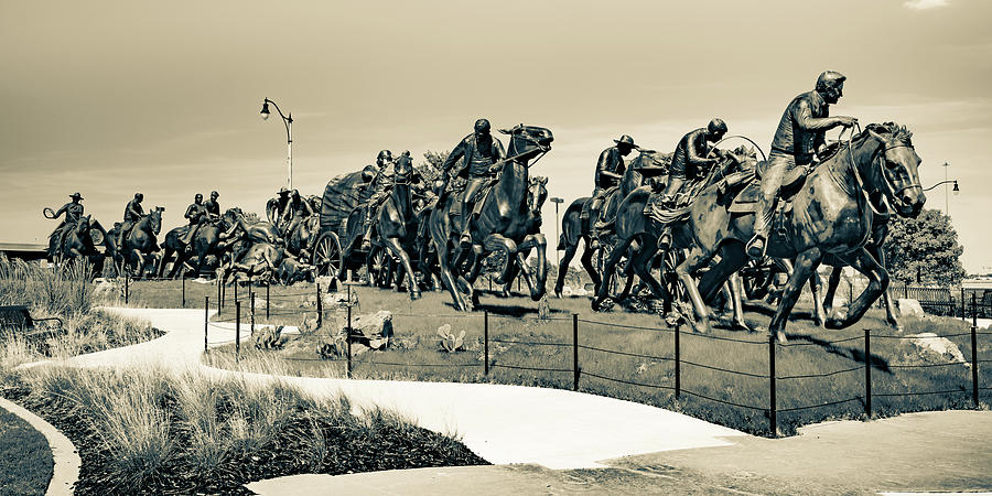 Oklahoma City Photograph - Oklahoma City Centennial Land Run Monument Sepia Panorama by Gregory Ballos