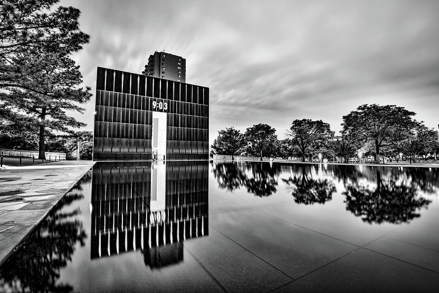 Oklahoma City Photograph - Oklahoma City Gates of Time National Memorial Reflections - Black and White by Gregory Ballos