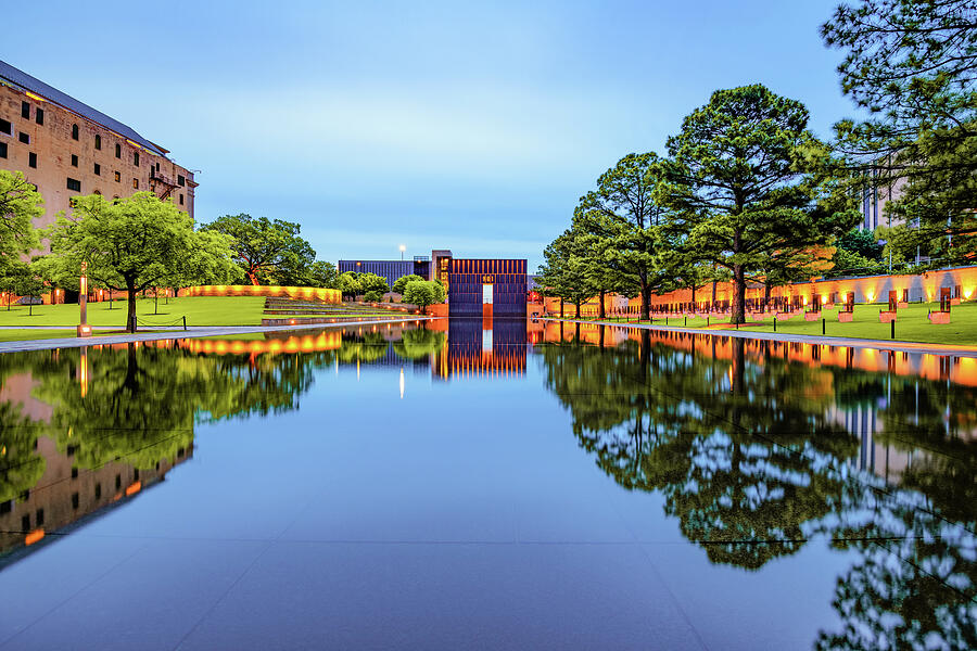 Oklahoma City National Memorial Reflecting Pool at Dawn Photograph by Gregory Ballos