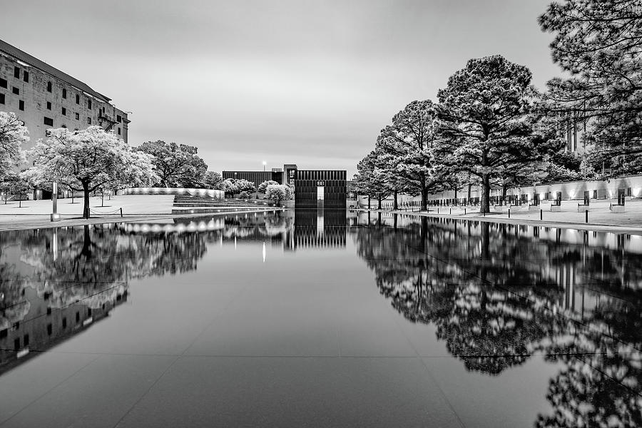 Oklahoma City Photograph - Oklahoma City National Memorial Reflecting Pool - Black and White by Gregory Ballos