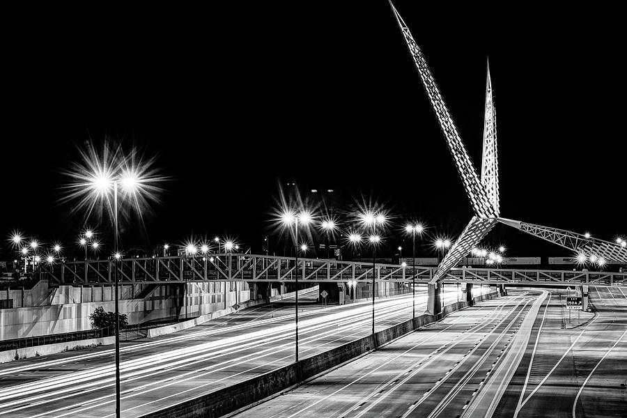 Oklahoma City Photograph - Oklahoma City Skydance Pedestrian Bridge At Night in Black and White by Gregory Ballos