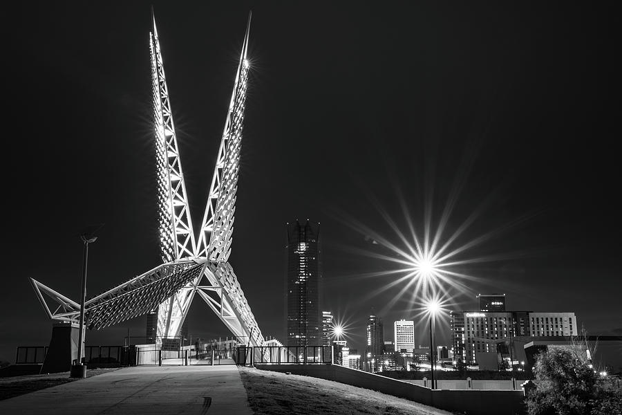 Oklahoma City Photograph - Oklahoma City Skydance Scissortail Bridge and Skyline - Black and White by Gregory Ballos