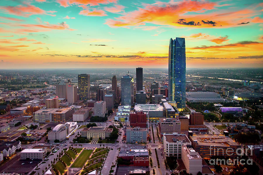 Oklahoma City Skyline Aerial Photo at Sunset Photograph by Cooper Ross