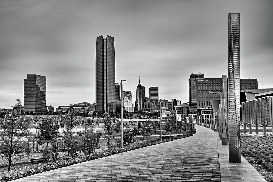 Oklahoma City Skyline From The Scissortail Park Promenade - Black and White Edition Photograph by Gregory Ballos